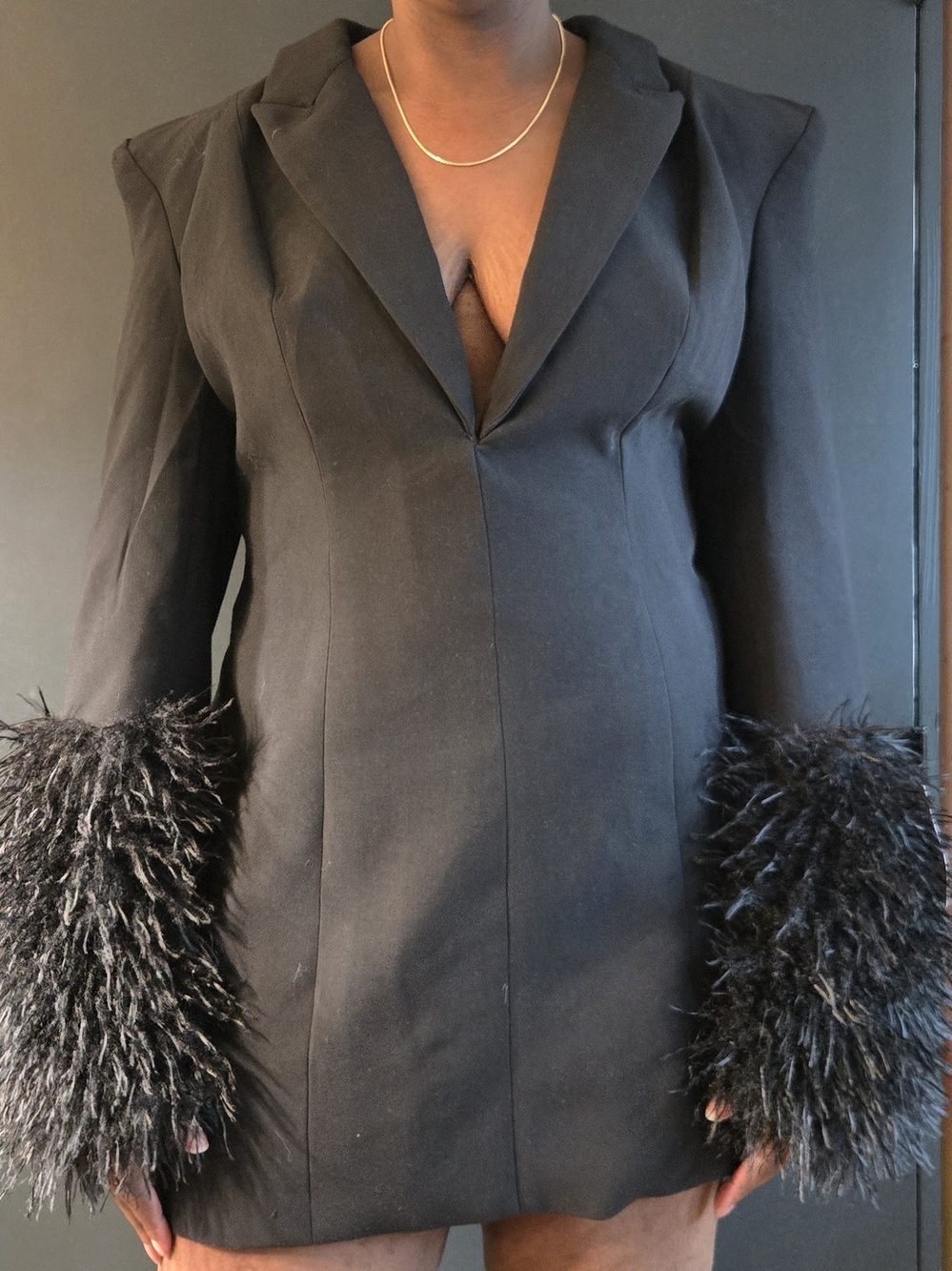 prettylittlething | black faux shearling cuff tailored blazer dress | us 22